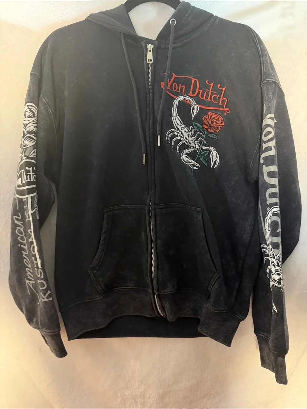 Von Dutch Black Hoodie with Red Rose & White Scorpion Graphic